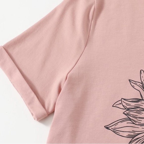 SHEIN SHEIN EZwear Rolled Sleeve Sunflower Print Tee in Pink, Size XS, NIB - Picture 6 of 10